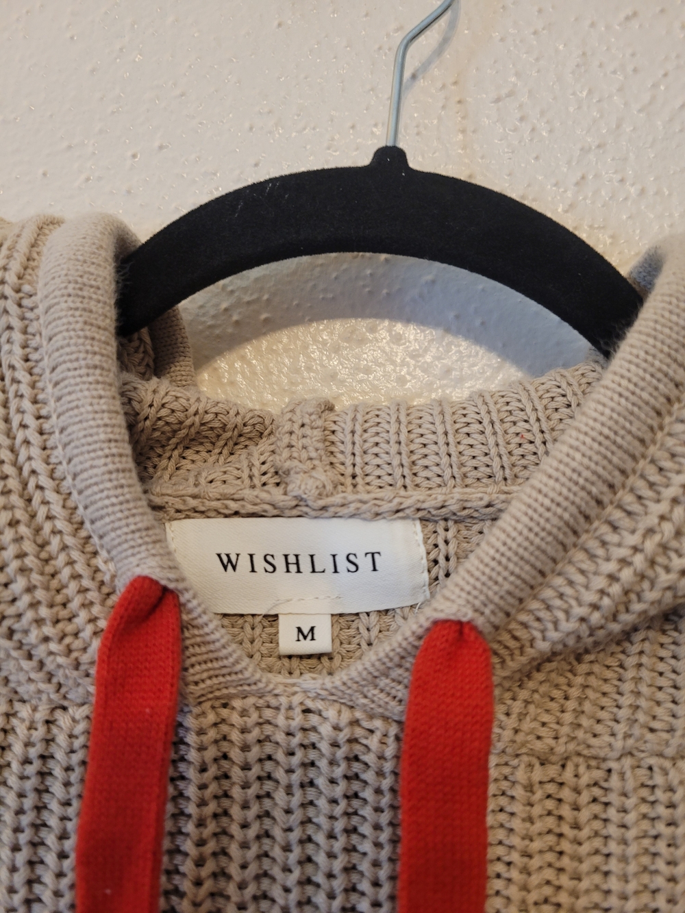 Wishlist Chunky Knit Hooded Sweater Beige Red Trim 100% Cotton Medium - Picture 5 of 9